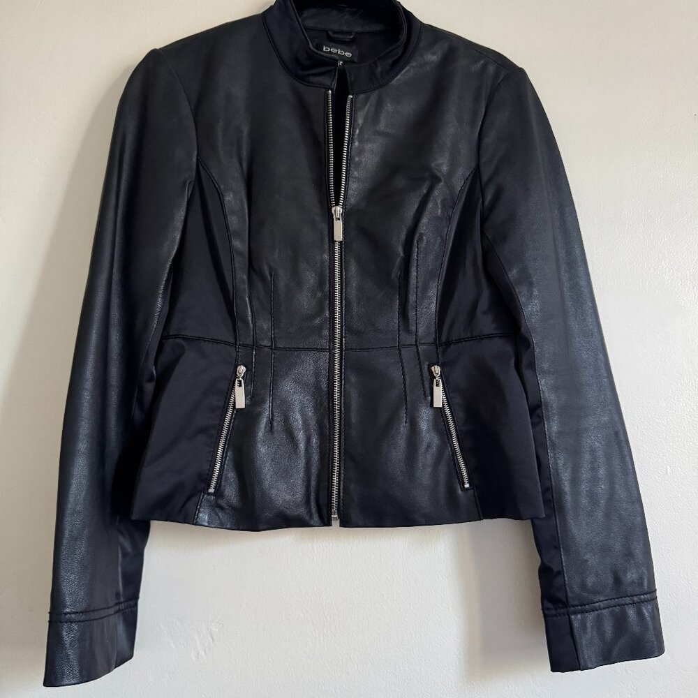 Vintage BEBE Black Leather Moto Jacket with Laceup Back and Peplum Skirt, Small